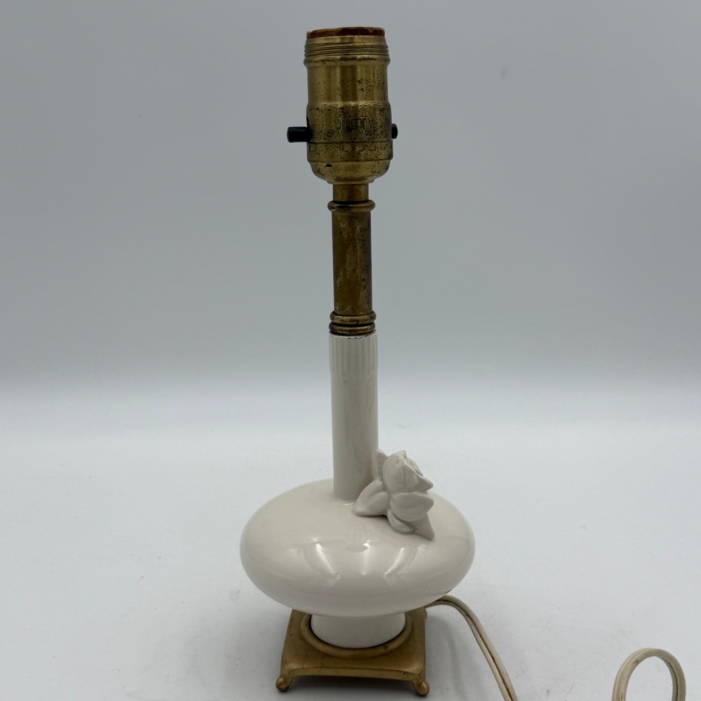 Vintage White Ceramic Rose Table Lamp Base Brass Footed Porcelain Floral Accent